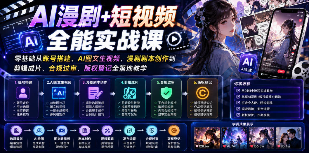 AI漫剧+短视频全能实战课｜零基础从账号搭建、AI图文生视频、漫剧剧本创作到剪辑成片、合规过审、版权登记全落地教学-爱搭资源网