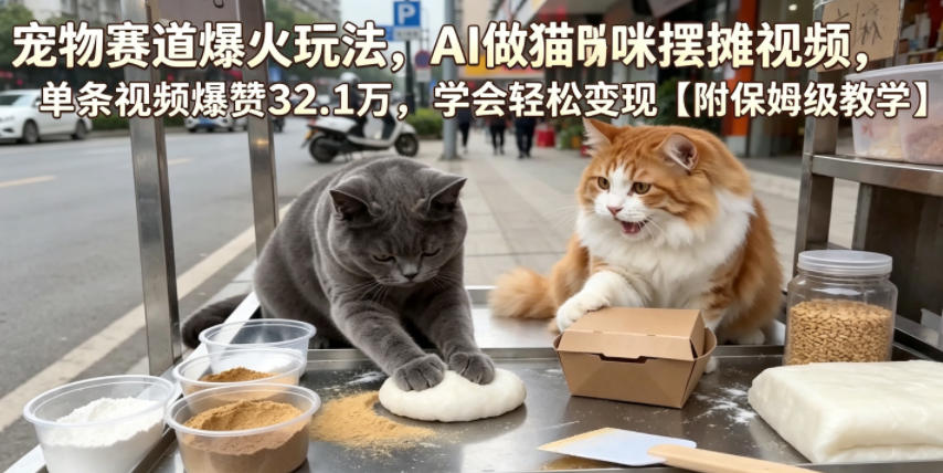 宠物赛道爆火玩法，AI做猫咪摆摊视频，单条视频爆赞32.1万，学会轻松变现【附保姆级教学】-爱搭资源网