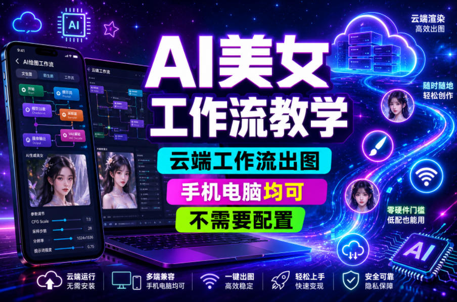 AI美女工作流教学，云端工作流出图，手机电脑均可，不需要配置，快速起号涨粉-爱搭资源网
