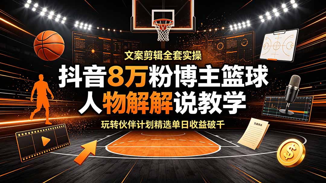 抖音8万粉博主篮球人物解说教学，文案剪辑全套实操，玩转伙伴计划精选单日收益破千-爱搭资源网