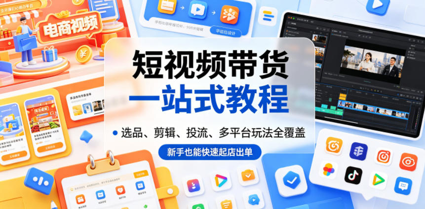 短视频带货一站式教程，选品、剪辑、投流、多平台玩法全覆盖，新手也能快速起店出单-爱搭资源网