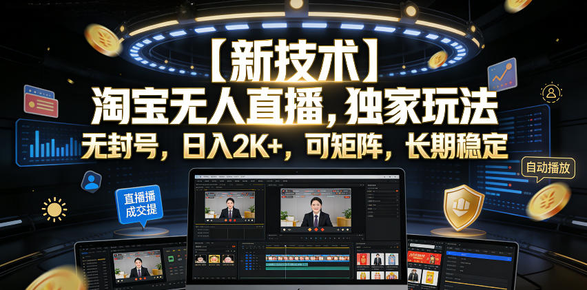 【新技术】淘宝无人直播，独家玩法，无封号，日入2K+，可矩阵，长期稳定【揭秘】-爱搭资源网