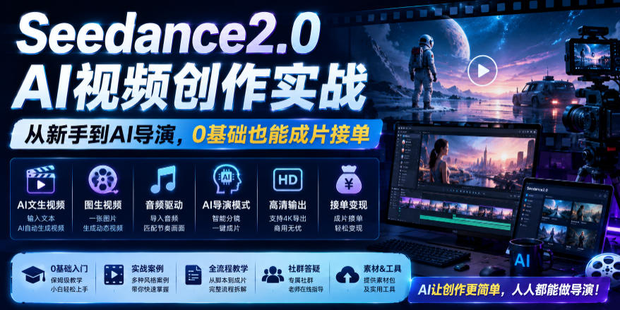 Seedance2.0 AI视频创作实战，从新手到AI导演，0基础也能成片接单变现-爱搭资源网