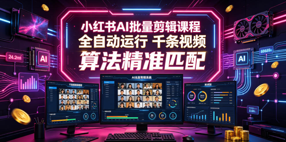 小红书AI批量剪辑课程，24小时全自动运行，解放双手专注运营，千条视频批量处理，小红书算法精准匹配-爱搭资源网