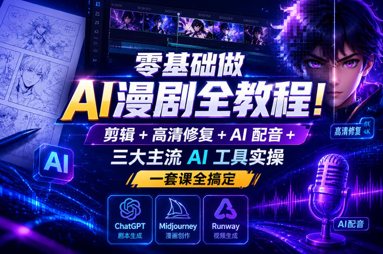 零基础做AI漫剧全教程！剪辑+高清修复+AI配音+三大主流AI工具实操，一套课全搞定-爱搭资源网