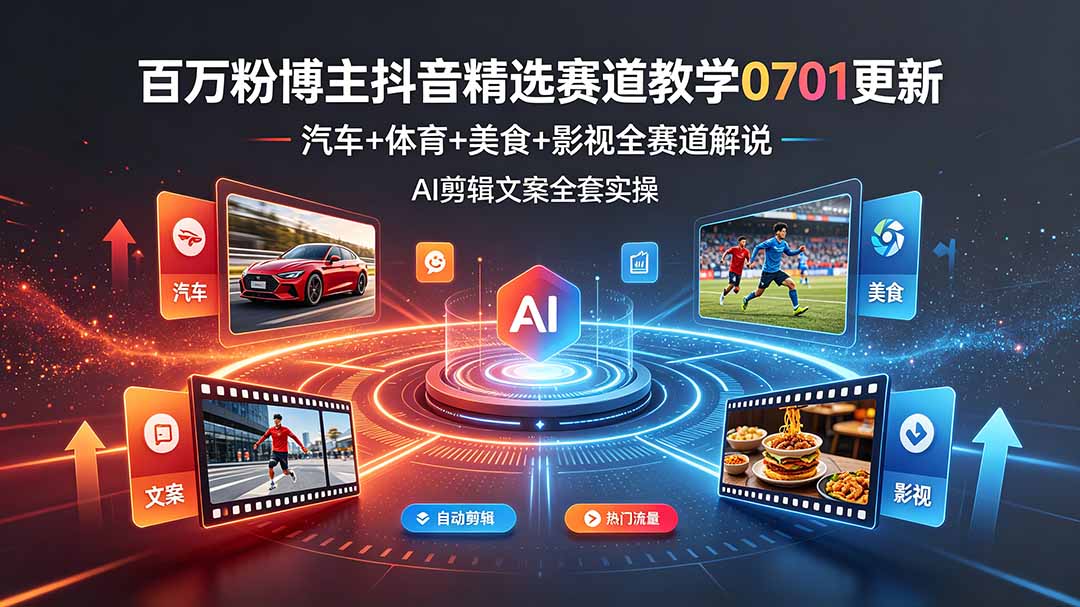 百万粉博主抖音精选赛道教学-0701更新，汽车+体育+美食+影视全赛道解说，AI剪辑文案全套实操-爱搭资源网