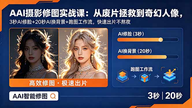 AI摄影修图实战课：从废片拯救 到 奇幻人像，3秒AI修脸+20秒AI换背景+跑图工作流，快速出片不熬夜-爱搭资源网