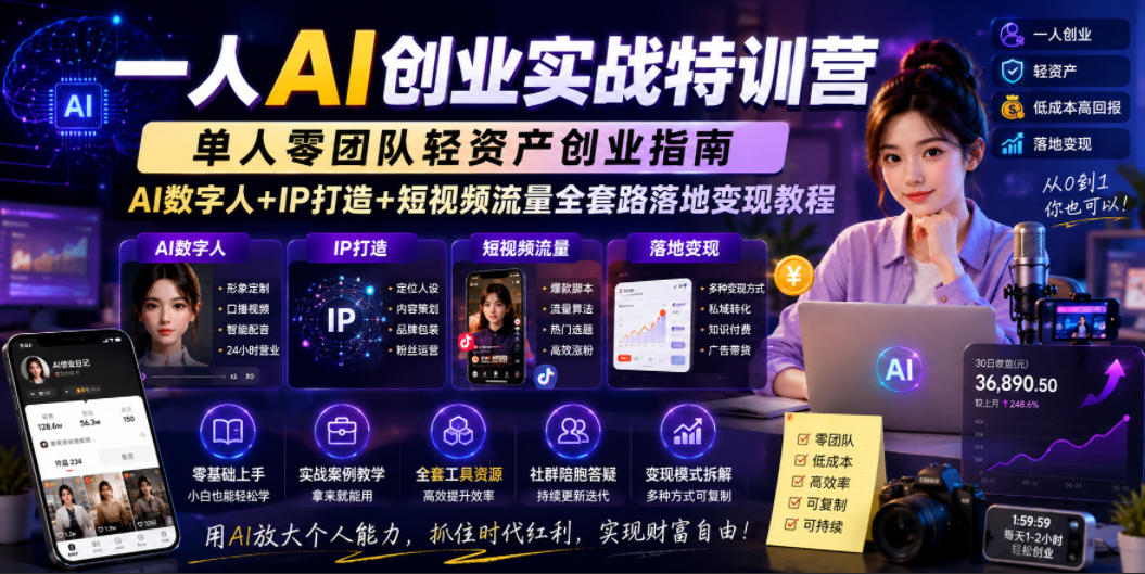 一人AI创业实战特训营，单人零团队轻资产创业指南，AI数字人+IP打造+短视频流量全套路落地变现教程-爱搭资源网
