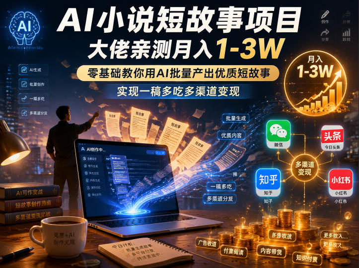 AI小说短故事项目，大佬亲测月入1-3W，零基础教你用AI批量产出优质短故事，实现一稿多吃多渠道变现-爱搭资源网