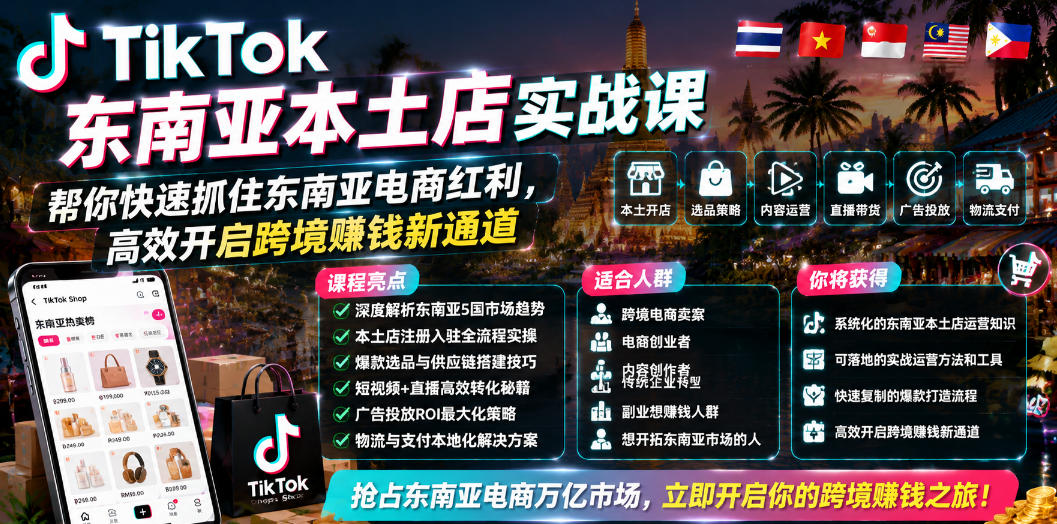 TikTok东南亚本土店实战课，帮你快速抓住东南亚电商红利，高效开启跨境賺钱新通道-爱搭资源网