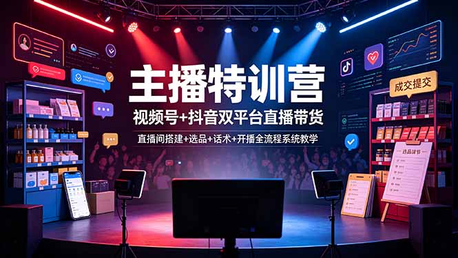 主播特训营：视频号+抖音双平台直播带货，直播间搭建+选品+话术+开播全流程系统教学-爱搭资源网