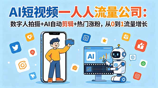 AI短视频一人流量公司：数字人拍摄+AI自动剪辑+热门涨粉，从0到1流量增长-爱搭资源网