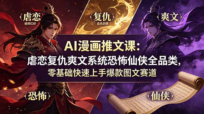 AI漫画推文课：虐恋复仇爽文系统恐怖仙侠全品类，零基础快速上手爆款图文赛道-爱搭资源网