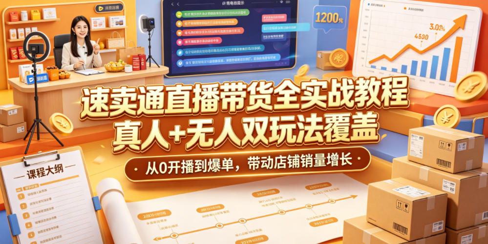 速卖通直播带货全实战教程，真人+无人双玩法覆盖，从0开播到爆单，带动店铺销量增长-爱搭资源网
