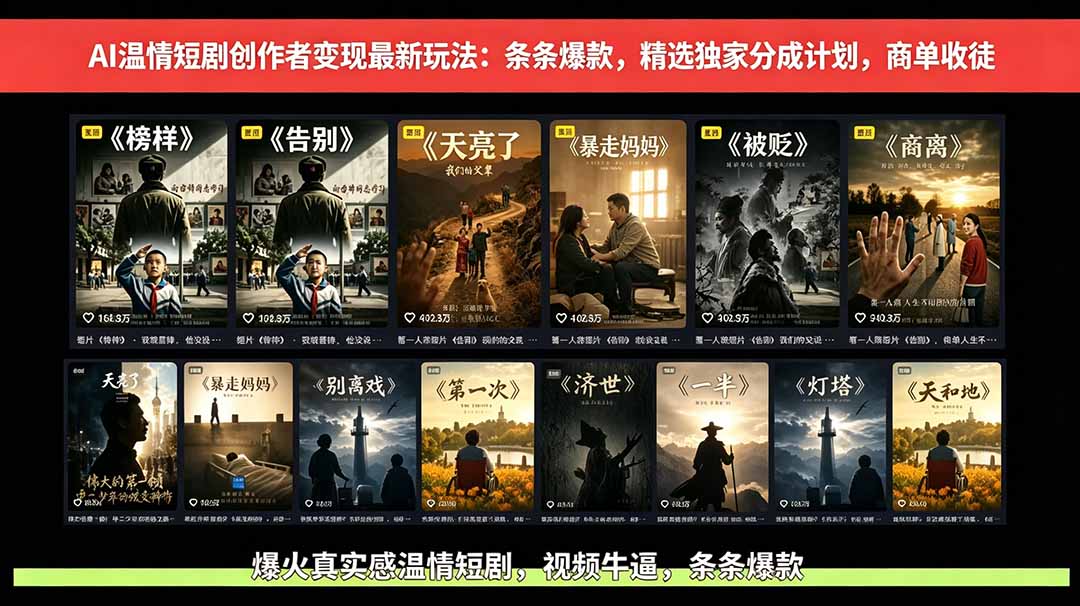 AI温情短剧创作者变现最新玩法：视频牛逼，条条爆款，精选独家分成计划，商单收徒-爱搭资源网