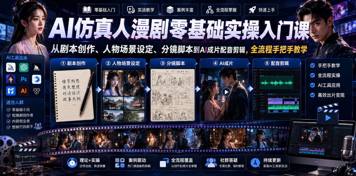 AI仿真人漫剧零基础实操入门课，从剧本创作、人物场景设定、分镜脚本到AI成片配音剪辑，全流程手把手教学-爱搭资源网