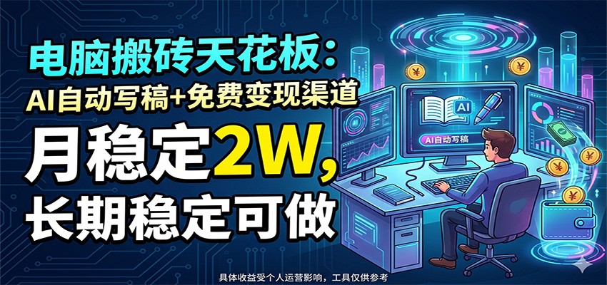 电脑搬砖天花板：AI自动写稿+免费变现渠道，月稳定2W，长期稳定可做-爱搭资源网