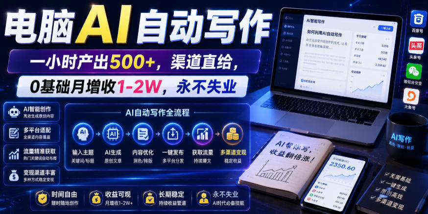 电脑AI自动写作，一小时产出500+，渠道直给，0基础月增收1-2W，永不失业【揭秘】-爱搭资源网