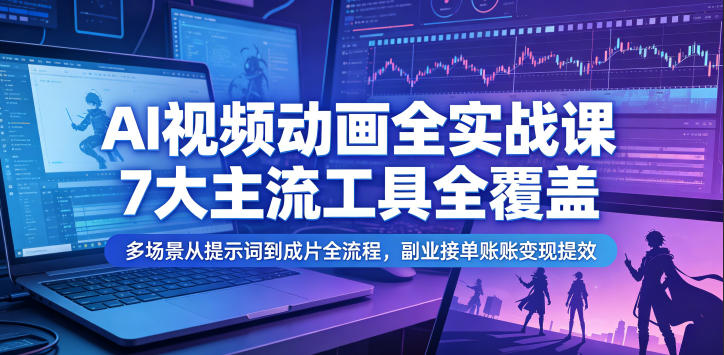 AI视频动画全实战课，7大主流工具全覆盖，多场景从提示词到成片全流程，副业接单账号变现提效-爱搭资源网