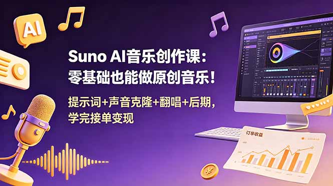 Suno AI音乐创作课：零基础也能做原创音乐！提示词+声音克隆+翻唱+后期，学完接单变现-爱搭资源网
