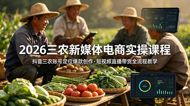 2026三农新媒体电商实操课程:抖音三农账号定位爆款创作,短视频直播带货全流程教学-爱搭资源网