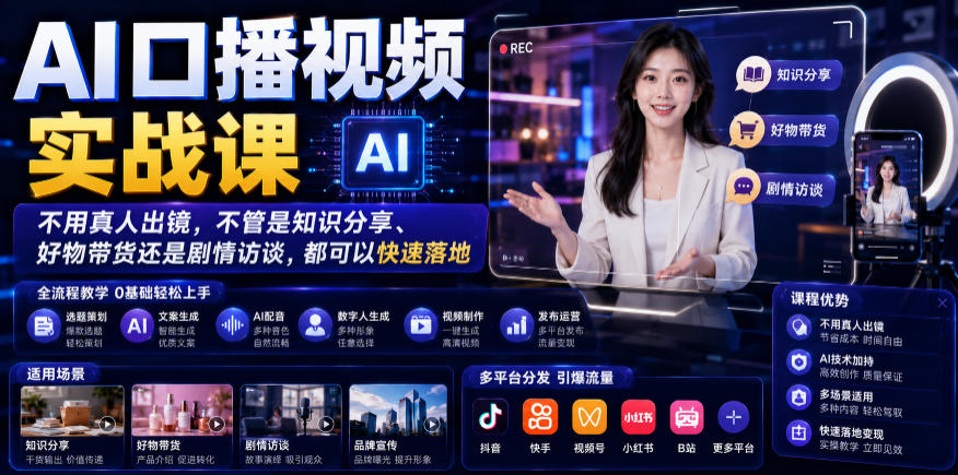 AI口播视频实战课，不用真人出镜，不管是知识分享、好物带货还是剧情访谈，都可以快速落地-爱搭资源网
