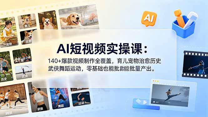 AI短视频实操课：140+爆款视频制作全覆盖，育儿宠物治愈历史武侠舞蹈运动，零基础也能批量产出-爱搭资源网