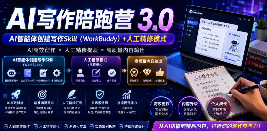 AI写作陪跑营3.0，Ai智能体创建写作skill(workbuddy)+人工手写模式(手搓模式)，去除AI痕迹(头条号、公众号、百家号)-爱搭资源网