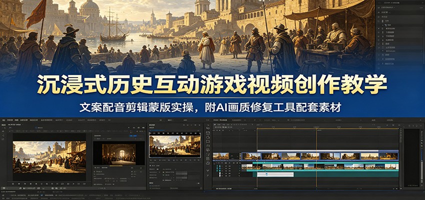 沉浸式历史互动游戏视频创作教学：文案配音剪辑蒙版实操，附AI画质修复工具配套素材-爱搭资源网