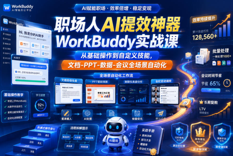 职场人AI提效神器WorkBuddy实战课，从基础操作到自定义技能，文档-PPT-数据-会议全场景自动化-爱搭资源网