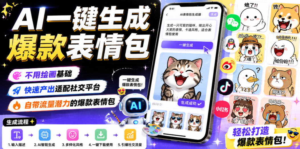 AI一键生成爆款表情包，不用绘画基础，快速产出适配社交平台，自带流量潜力的爆款表情包-爱搭资源网
