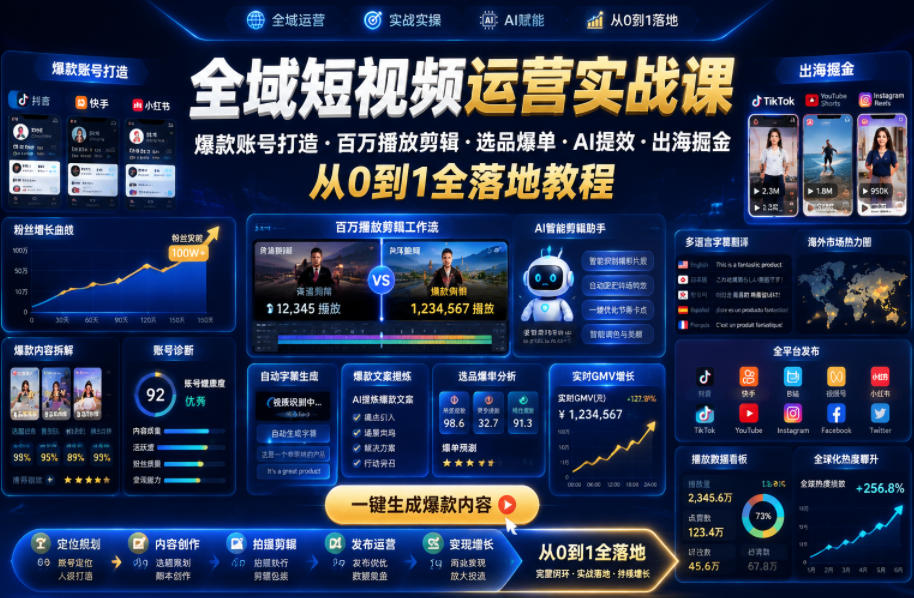 全域短视频运营实战课，爆款账号打造・百万播放剪辑・选品爆单・AI提效・出海掘金，从0到1全落地教程-爱搭资源网