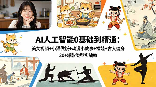 AI人工智能0基础到精通：美女视频+小猫做饭+动漫小故事+福娃+古人健身，20+爆款类型实战教学-爱搭资源网