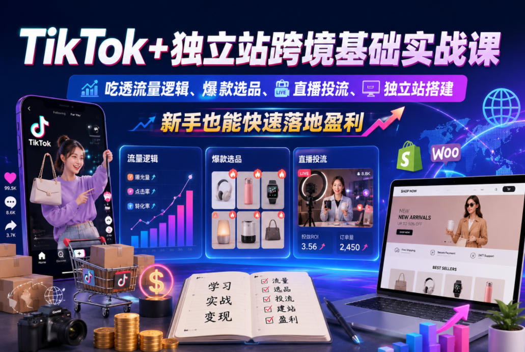 TikTok+独立站跨境基础实战课，吃透流量逻辑、爆款选品、直播投流与独立站搭建，新手也能快速落地盈利-爱搭资源网