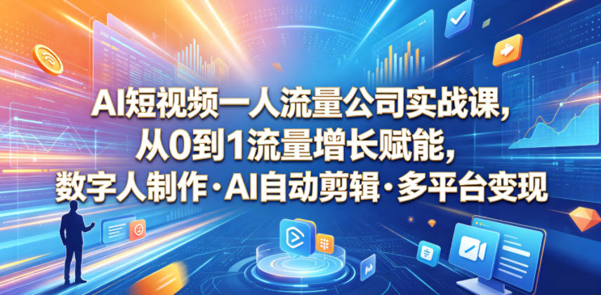 AI短视频一人流量公司实战课，从0到1流量增长赋能，数字人制作・AI自动剪辑・多平台变现，一人做流量生意全落地教程-爱搭资源网