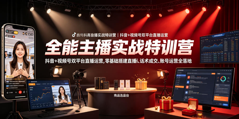 全能主播实战特训营｜抖音+视频号双平台直播运营，零基础搭建直播间、精准选品、话术成交、账号运营全落地-爱搭资源网