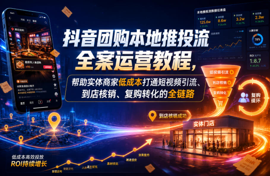 抖音团购本地推投流全案运营教程，帮助实体商家低成本打通短视频引流、到店核销、复购转化的全链路-爱搭资源网