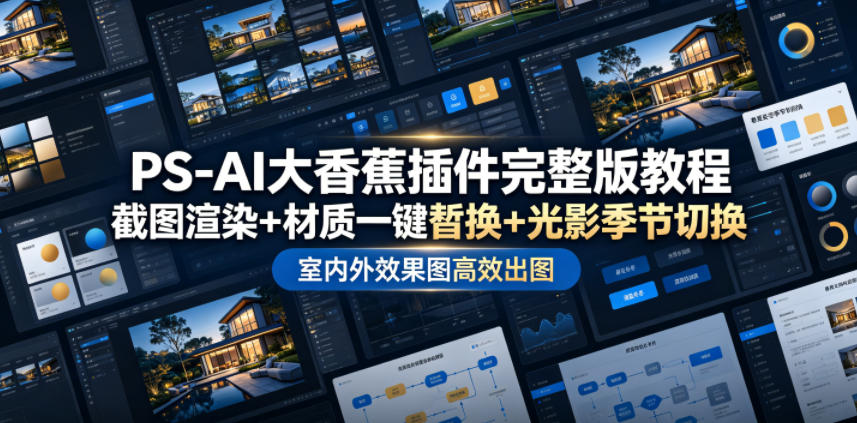 PS-AI大香蕉插件完整版教程，截图渲染+材质一键替换+光影季节切换，室内外效果图高效出图高阶课程-爱搭资源网