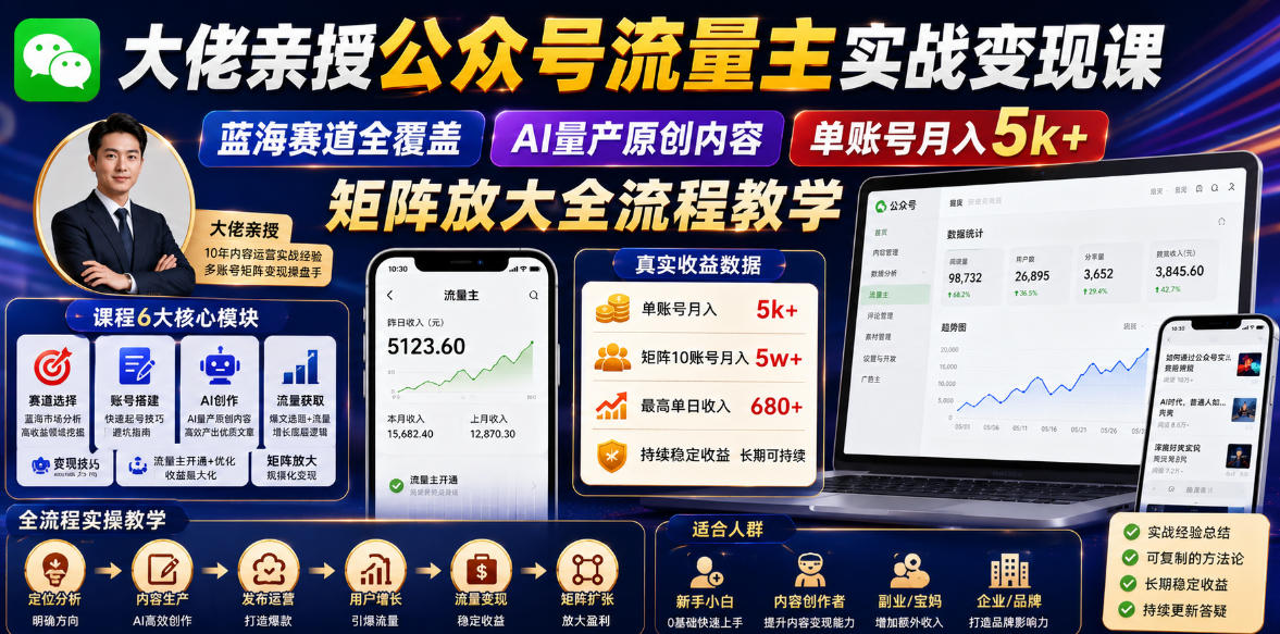 大佬亲授公众号流量主实战变现课，蓝海赛道全覆盖，AI量产原创内容，单账号月入5k+矩阵放大全流程教学-爱搭资源网