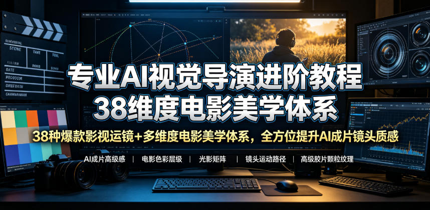 专业AI视觉导演进阶教程，38种爆款影视运镜+多维度电影美学体系，全方位提升AI成片高级感与镜头质感-爱搭资源网
