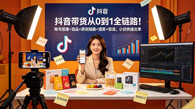 抖音带货从0到1全链路！账号搭建+选品+原创拍摄+混剪+投流，小白快速出单-爱搭资源网