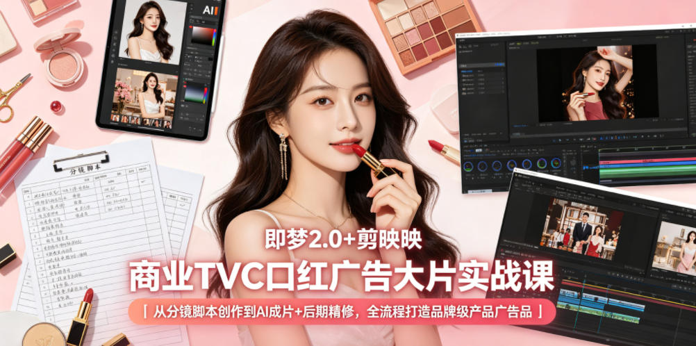 即梦2.0+剪映商业TVC口红广告大片实战课｜从分镜脚本创作到AI成片+后期精修，全流程打造品牌级产品广告-爱搭资源网