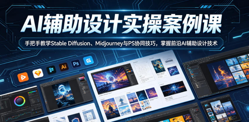 AI辅助设计实操案例课，手把手教学Stable Diffusion、Midjourney与PS协同技巧，掌握前沿AI辅助设计技术-爱搭资源网