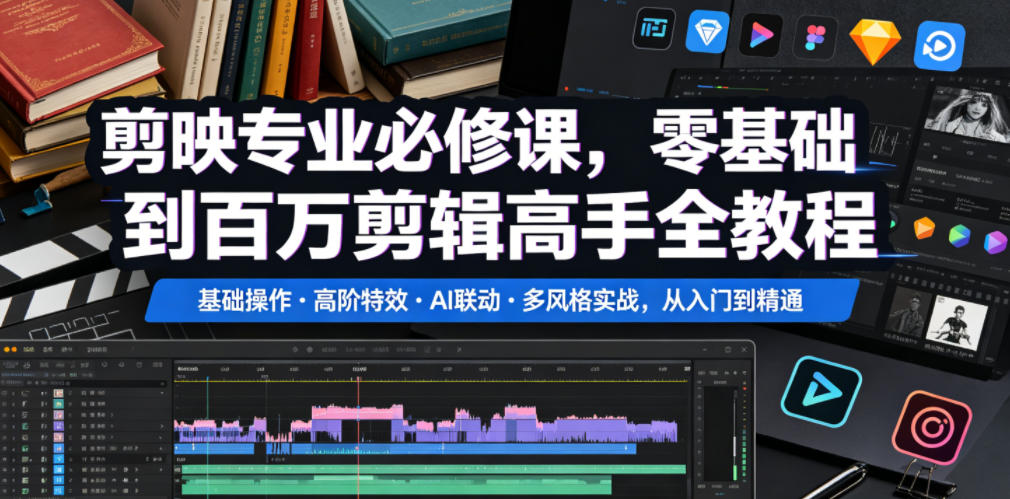 剪映专业必修课，零基础到百万剪辑高手全教程，基础操作・高阶特效・AI联动・多风格实战，从入门到精通-爱搭资源网