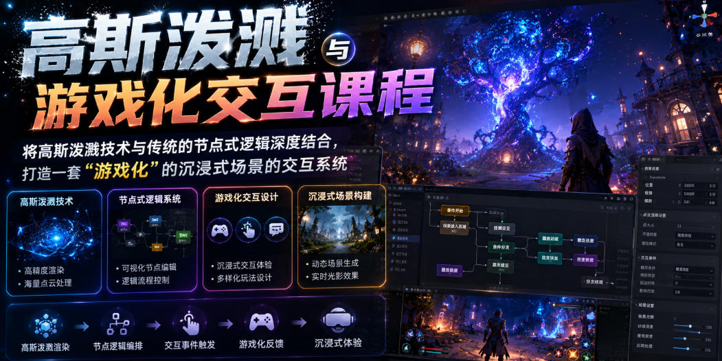 高斯泼溅与游戏化交互课程，将高斯泼溅技术与传统的节点式逻辑深度结合，打造一套“游戏化”的沉浸式场景的交互系统-爱搭资源网