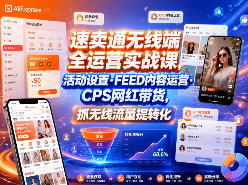 速卖通无线端全运营实战课，活动设置・FEED内容运营・CPS网红带货，抓无线流量提转化-爱搭资源网