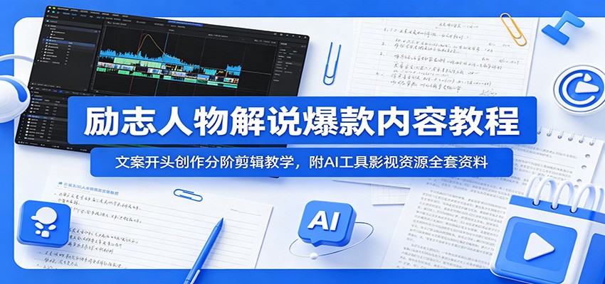 励志人物解说爆款内容教程：文案开头创作分阶剪辑教学，附AI 工具影视资源全套资料-爱搭资源网