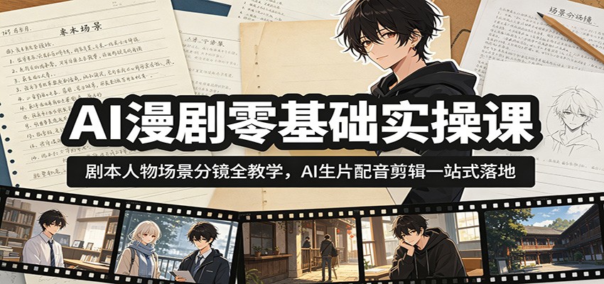 AI漫剧零基础实操课：剧本人物场景分镜全教学，AI生片配音剪辑一站式落地-爱搭资源网