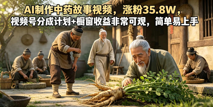 AI制作中药故事视频，涨粉35.8W，视频号分成计划+橱窗收益非常可观，简单易上手-爱搭资源网