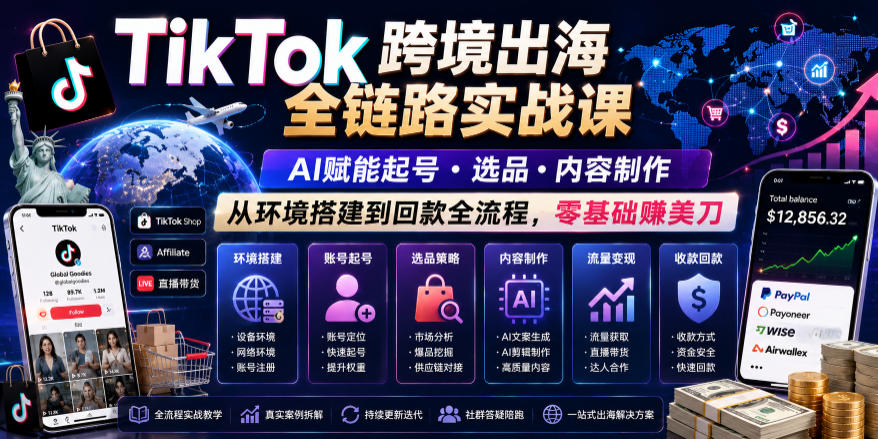 TikTok跨境出海全链路实战课，AI赋能起号・选品・内容制作，从环境搭建到回款全流程，零基础賺美刀-爱搭资源网